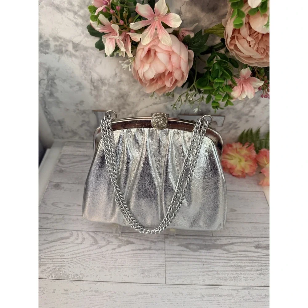 Vintage 1960s Silver Evening Bag Metal Rose Clasp Double Chain Handles Lined GUC